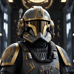 star wars bald male corellian pilot wearing gunmetal grey and black First Order special forces TIE pilot armored flightsuit and helmet with gold trim inside the jedi temple, centered head and shoulders portrait, hyperdetailed, dynamic lighting, hyperdetailed background, 8k resolution, volumetric lighting, light skin, fully symmetric details