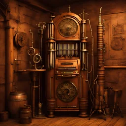 rusty steampunk styled living jukebox made from brass with some organ pipes, some metal strings and a tuba, with some mechanical limbs, which is standing in a corner of a medieval tavern