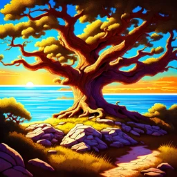 A mighty oak tree with a quill and scroll at the base of the tree with the ocean at the background, bob ross style (vibrant colors) (sunlight) (wide angle)