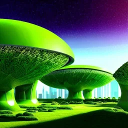 Crie uma imagem de uma paisagem futurista com elementos verdes proeminentes. Imagine uma cidade futurista florescendo com a natureza, talvez com prédios flutuantes entre as árvores ou vegetação exótica crescendo em estruturas futuristas. A paisagem deve ter um ar futurista e tecnológico, mas também deve ser vibrante e cheia de vida verde. Considere inspiração em universos de ficção científica, como Star Trek