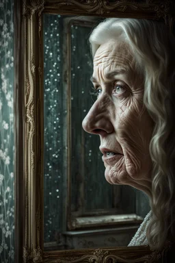 a young woman watching in a mirror, with subtle glimmers portraying the suspense and shock as the mirror reveals an old woman face