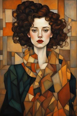 Woman in the style of argon Schiele + Gustav Klimt. Rich, lovely colors, full cubism style