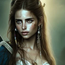 best quality, realistic lighting, masterpiece portrait of Penelope Cruz from pirates of the Caribbean, details, light dusting of freckles,wet luscious lips, shot from above, simple chain hauberk, warhammerVector art matte painting digital illustration 3D shading CryEngine Behance HD 3Delight