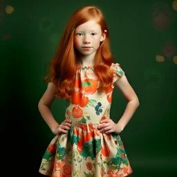 pretty girl, age 10, ginger hair, colourful, gentle, dress, full-body