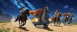 pic of bobby stealing cars on a different star, chased by women on horses, anime style, where is the car?