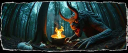 3d airbrush render,i was cooking garlic and went out to eat and something hit me hard and i wake up puked and wrestled a lycantrophy and ran to the forest to sleep , pinhole cam, airbrush 3d rendering, in the style of Titian and Dali , torn edges on border