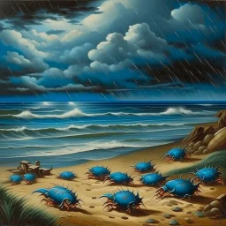 A blue beach with crabs in a rainstorm painted by Thomas Hart Benton