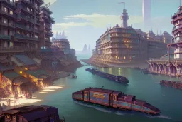 close up train+Elevated train+train+town on sea+sea+Italian colourful sea village +alphonse mucha, greg rutkowski,matte painting, cryengine, hyper detailed, felix kelly, fantasy art, seb mckinnon