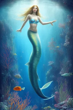 underwater, a mermaid, beautiful colors, fish, very fine detail, high quality, mystical, intricate, Neo-Impressionism, soft lighting, dream like,