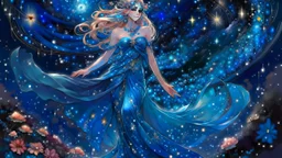 Create an image of a full body cosmic Goddess. The goddess should be depicted as a beautiful and powerful figure, surrounded by cosmic stars. Her hair should be long, blond and flowing, and she should be dressed in a flowing gown blue celestial robe. In the background, include imagery of pink flowers, blue sky,trees. The image should evoke a sense of joy, celebration, and spiritual connection to nature.