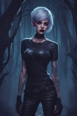 tattooed vampire girl showing fangs with short cropped cyberpunk hair wandering in tangled forest in the moonlight