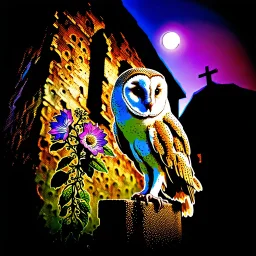 Adobe Promp: On a wall, a close up of a barn owl, side view, in a lavish background of blooming passion flowers. In the background in the distance an old ruin. A fisheye effect, a small depth of field, a sloppy look, a vintage atmosphere. a botanical image. Glamour glow, beautiful light.