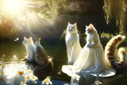 Cats in wedding dress next to a pond in sunshine