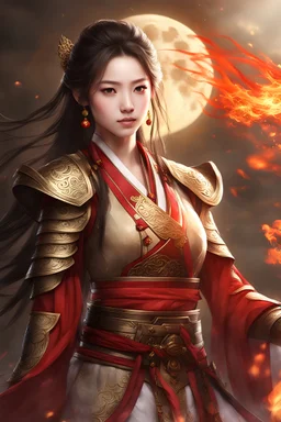 Photograph Best quality, masterpiece, ultra high resolution, pretty 1 girl's portrait close-up, flowing hair, real skin, jewelry, solo, Chinese clothing, armor, flame: 1.2, moon,blurry, realistic, Chinese Zen