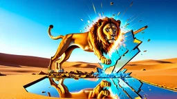 an exploding, vibrating, transparent glass lion leaps out of a huge, broken, damaged mirror in the middle of the desert, reflections