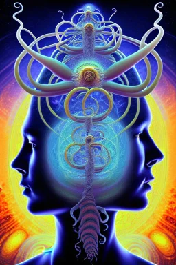 Spiritual being with Tentacles over human Head creating reality around, wrapping Spiral around Human, Psychedelic