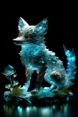 delicate glass baby fox filled with bioluminescent plants, underwater, luminous opalescent, insanely detailed beautiful fox crystalized, meticulously detailed filigree fox, bioluminescent glowing fox, shimmering, sparkling, extreme contrast and saturation, starry night background, magical fantasy artwork, ultra high quality, dramatic lighting, extreme contrast, rule of thirds, HDR, photorealistic, florescent light