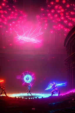 cyborgs fighting against each other in roman colosseum, perfect, sharp,red blossoms, laserweapongs,8k quality, cyberpunk art, neon lights, rustical, old technology, pink shining, showkampf, antik, römisches empire, panorama picture