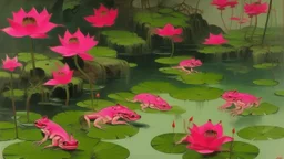 A magenta psychic swamp with frogs painted by Guo Xi
