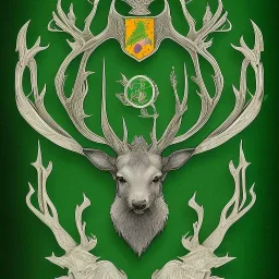 coat of arms of an elvish forest city with a stag on it, very detailed, green