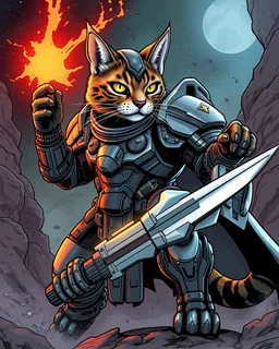 Comic of an armored cat warrior from science fiction, ultra quality