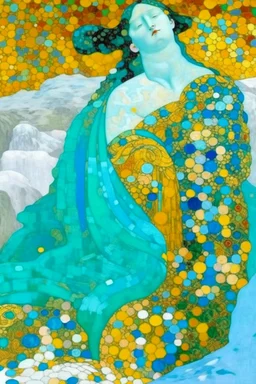 A turquoise snow covered mountain painted by Gustav Klimt