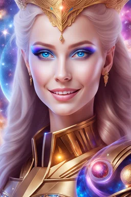 cosmic woman smile, admiral from the future, one fine whole face, crystalline skin, expressive blue eyes,rainbow, smiling lips, very nice smile, costume pleiadian, Beautiful tall woman pleiadian Galactic commander, ship, perfect datailed golden galactic suit, high rank, long blond hair, hand whit five perfect detailed finger, amazing big blue eyes, smilling mouth, high drfinition lips, cosmic happiness, bright colors, blue, pink, gold, jewels, realist, high,rainbow commander