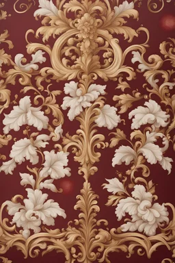 Create a handpainted wall mural in Classic Renaissance-inspired murals with intricate details and gold leaf accents. Colors: Deep reds, gold, and ivory. Style: Baroque, neoclassical. Create it in handpainted style