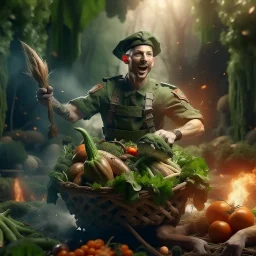 victory portrait of crazy cook army officer dunking vegetables in basket inside grove with fluffy hare with mutations getting blasted by exploding hare, 4 k, down-light, soft light, depth of field, photo realism, trending on art station, high detail, spray paint