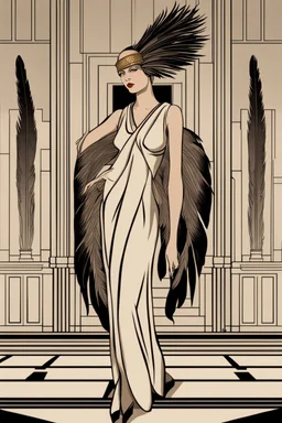 a woman with feathers in an Art Deco foyer by artist "Romain de Tirtoff"