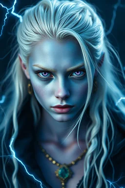 Portrait of a 16 years old beautiful genasi girl, warlock from d&d, blue skin, purple eyes, white hair with clouds, white eyebrows, electricity, high definition pictures, high quality