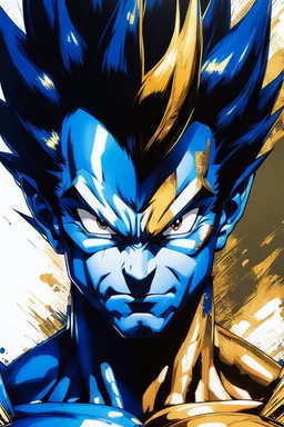 Poster in two gradations, split in half, one side "Vegeta's face", other side "Goku's face", midline of the face, painting by Yoji Shinkawa, dark blue and GOLD detailed iridescent, metallic, translucent, dramatic lighting, hyper futuristic, digital art,
