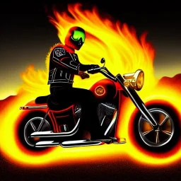 ultra detailed fullbody portrait of Ghost Rider Riding His Fire Motorcycle , extremely detailed digital painting, intrincate, extremely detailed smiling face,crystal clear Big Green eyes, in the style of Pablo Oliveira , mystical colors , perfectly centered image, perfect composition, rim light, beautiful lighting,8k, stunning scene, raytracing