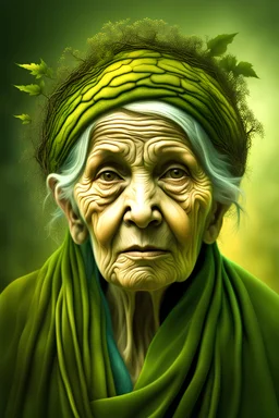 planet earth as an old woman, front facing, the face has the texture of roots, leaves, cobwebs, very smooth colors, forest green and yellow, fog, mist, haze