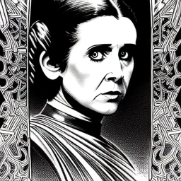 hyper detailed, black and white, thin line, coloring book illustration, lineart, stunningly beautiful princess leia, drew struzan