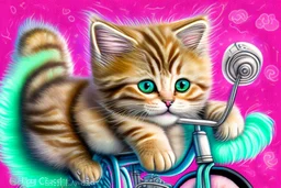 Fluffy tabby cat, adorable kitten, miniature bicycle, whimsical scene, playful concept, vibrant colors, detailed fur texture, charming expression, dynamic composition, cartoonish style, digital art, creative and imaginative, bright and lively palette, joyful atmosphere, skillful rendering, high resolution, skillful lighting to enhance cuteness.