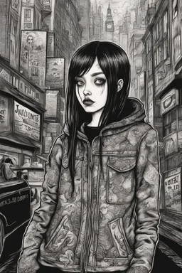 create a full body portrait illustration of a gothpunk girl with highly detailed , sharply defined feminine facial features, in a chaotic, turbulent, otherworldly London in the style of Junji Ito, precisely drawn, inked, with dramatic edges,