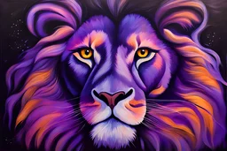 Lion eyes in the dark and they are glowing purple and it is a mix media painting
