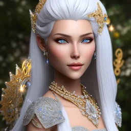 Ice Princess with white hair smilling, a crown with precious stones, bright background