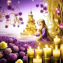 temática de la princesa rapunzel fondo blanco y morado , luces flotantes ,flor mágica , sol castillo guirnaldas doradas estrellas, flor eterna