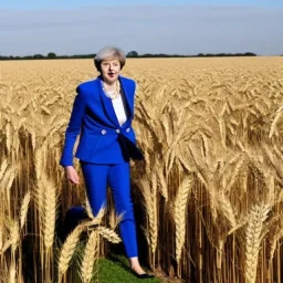 theresa may dressed as a robot, running through fields of wheat, sunshine, daytime