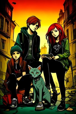 Act like a book cover designer. Use graffiti style. Three teenagers (13-15 years old) - two redhead boys and a brown-haired girl with a grimy black cat. Environment: old town.