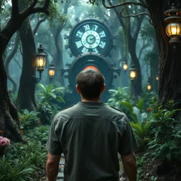 Scene from a modern fantasy live-action movie featuring the "Garden of Practicality", the Clockwork Forest Realm of Ix Chel, Cyberpunk style. At most one human being viewed from the back, at least 10 meters away from the camera.
