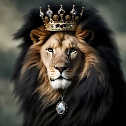 BEAUTIFUL HAPPY lion with large black wings and beautiful jewels crown. outdoor. lion wearing prince clothes and crown. photographic. realist.