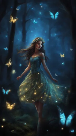 Painting of a beautiful girl, beautiful, pretty face, young girl, fantasy art, dream, trees, forest, dark night, song, glitter butterflies, fantasy