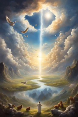 The creation of the world by God. In front of us is a valley with a beautiful landscape, where beautiful animals roam, beautiful birds fly in the sky, beautiful clouds and God in the clouds