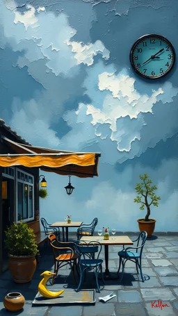 Oil painting rough knifes style with dark blue cafe with outdoor tables and dark cloudy sky