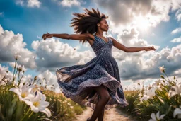 The camera zooms in, focusing sharply on young black girl Lily wearing pretty dress as she dances gracefully in the same romantic environment with flowers and sky with nice clouds. Her joy and youth are presented against the backdrop of the surreal surroundings.