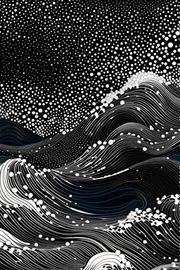 The illustration depicts a seamless wave pattern stretching across the page. Waves of varying sizes and shapes overlap and cascade downwards, creating a dynamic and fluid composition. The waves transition from darker shades of black at the bottom to lighter shades towards the top, mimicking the depth and movement of the ocean. Small details like foam and bubbles can be found within the waves, adding depth and realism to the scene.