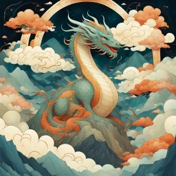 Bordered digital illustration of a ethereal cloud Dragon Emperor upon a mountain by Victo Ngai. Torat card, Hanafuda style. High quality, masterpiece.